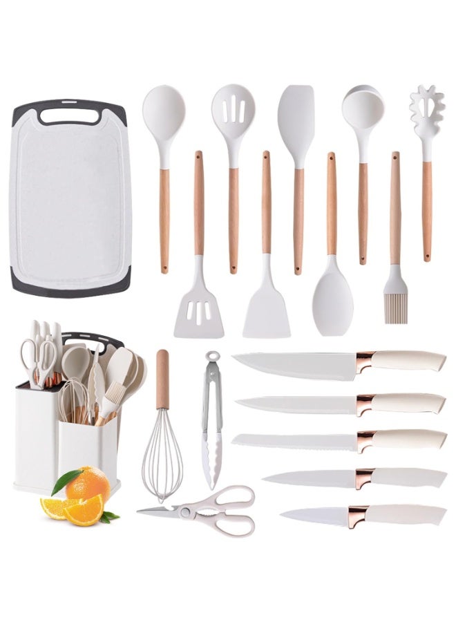 DubaiGallery 19Pcs Silicone Kitchen Utensils Set With Wooden Handles, Non Stick Safe Cooking Tools, Knife Set, Spatulas, Spoons, Whisk, Tongs, Heat Resistant and Durable Accessories for Home Kitchen - Image 2